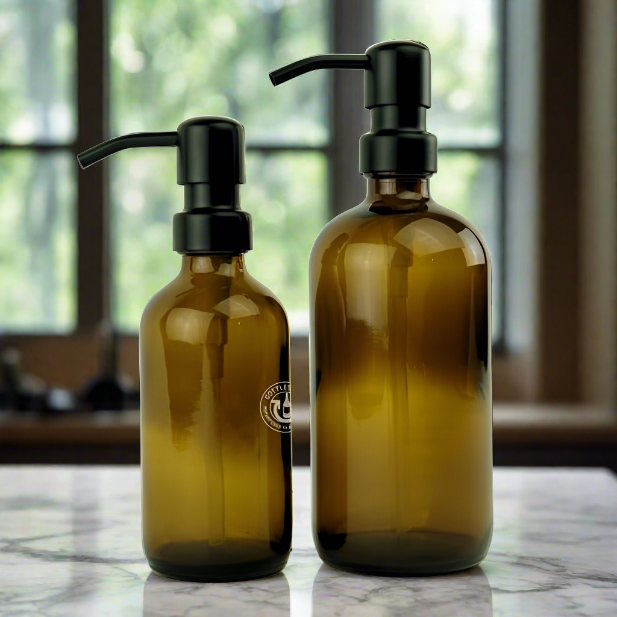 Amber Glass Bottle Soap Dispenser Set Matte Black KS6
