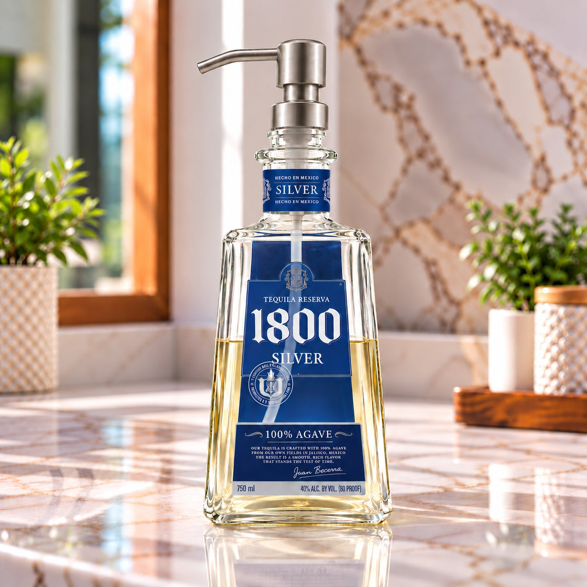 1800 Silver Tequila Bottle Soap Dispenser