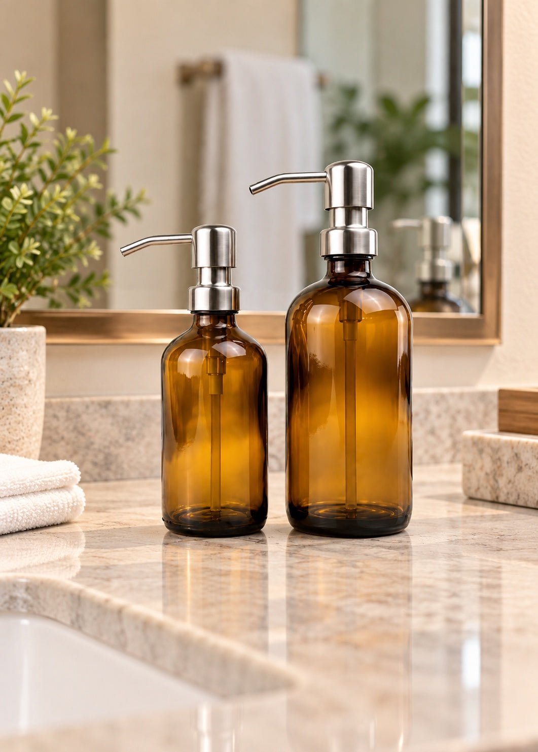 Amber Glass Bottle Soap Dispenser Set - KS6 Brushed Nickel