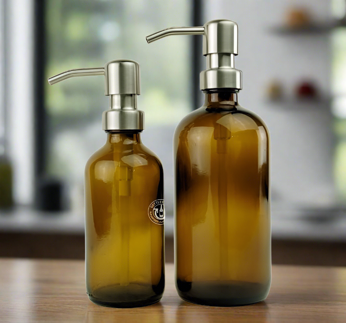 Amber Glass Bottle Soap Dispenser Set - KS6 Brushed Nickel