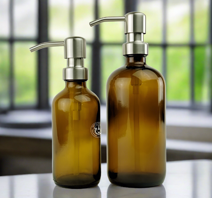 Amber Glass Bottle Soap Dispenser Set - KS6 Brushed Nickel
