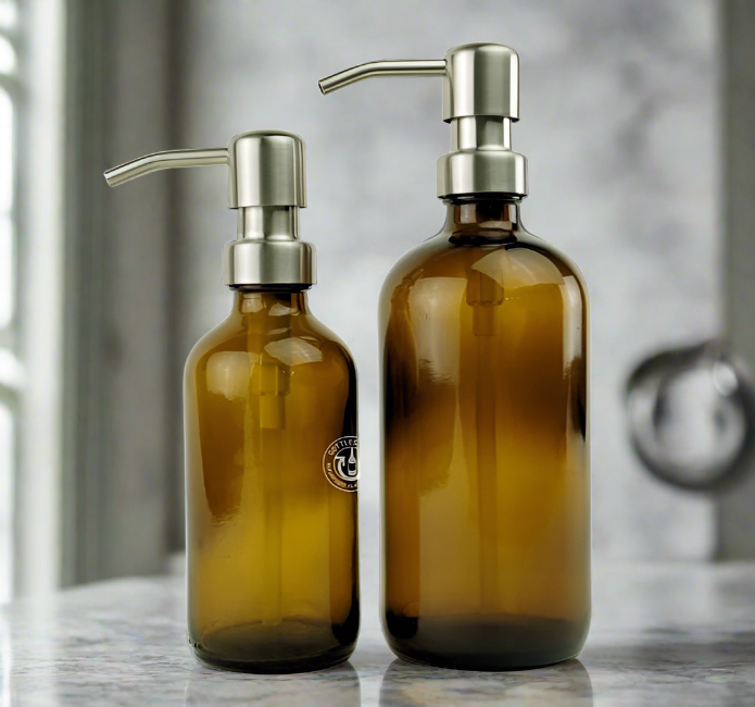 Amber Glass Bottle Soap Dispenser Set - KS6 Brushed Nickel
