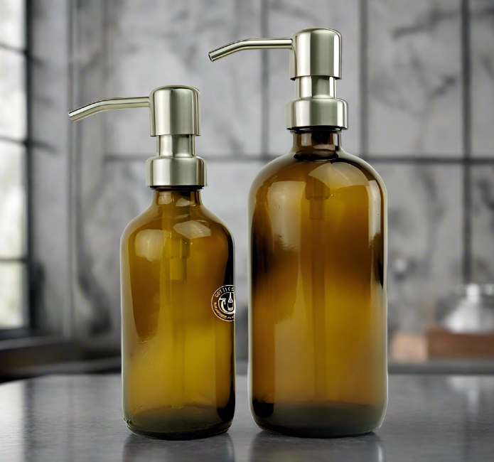 Amber Glass Bottle Soap Dispenser Set - KS6 Brushed Nickel