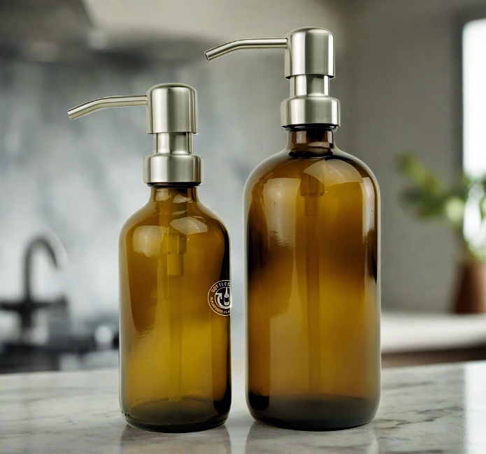 Amber Glass Bottle Soap Dispenser Set - KS6 Brushed Nickel
