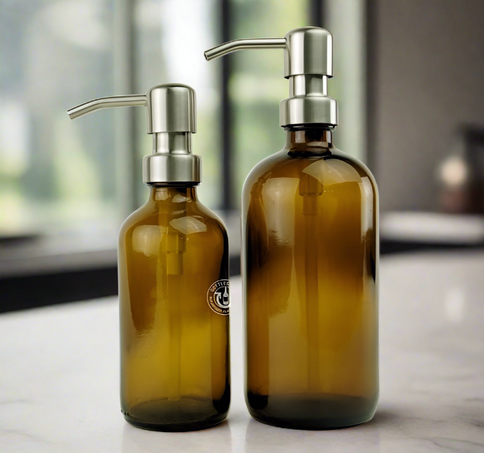 Amber Glass Bottle Soap Dispenser Set - KS6 Brushed Nickel