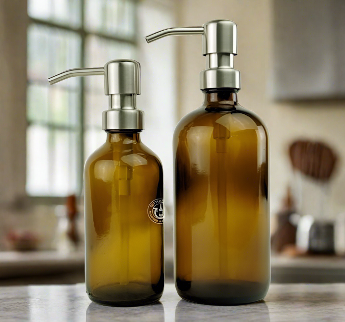 Amber Glass Bottle Soap Dispenser Set - KS6 Brushed Nickel