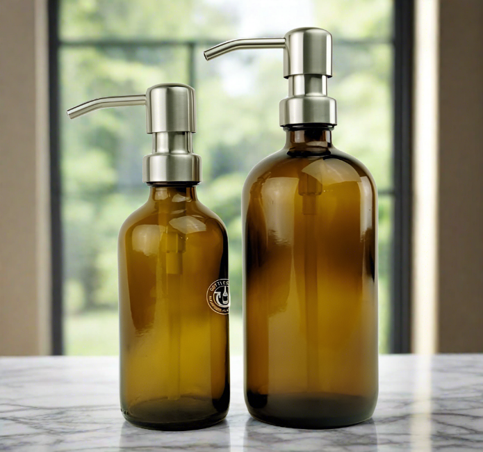 Amber Glass Bottle Soap Dispenser Set - KS6 Brushed Nickel