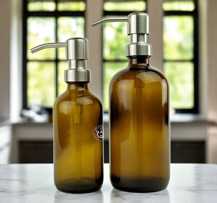 Amber Glass Bottle Soap Dispenser Set - KS6 Brushed Nickel