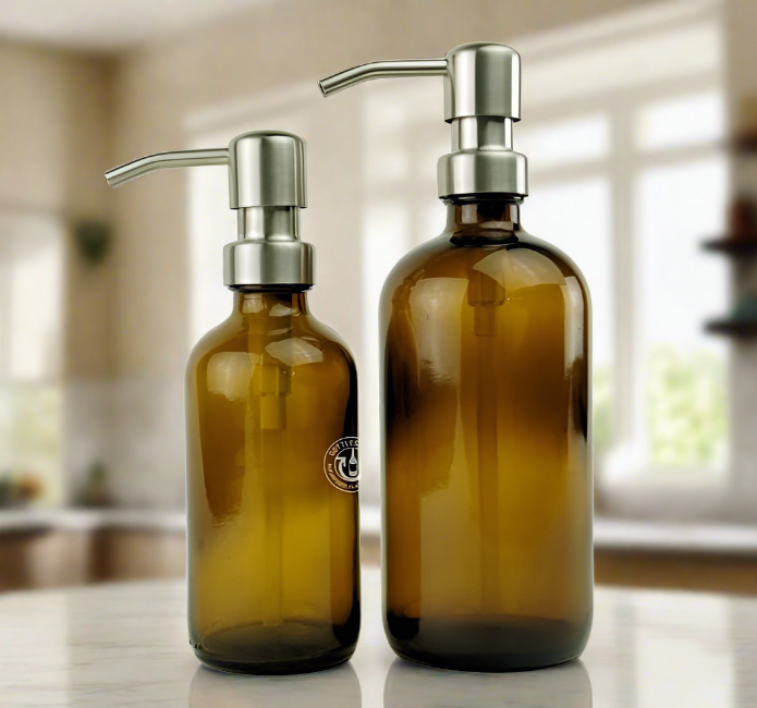 Amber Glass Bottle Soap Dispenser Set - KS6 Brushed Nickel