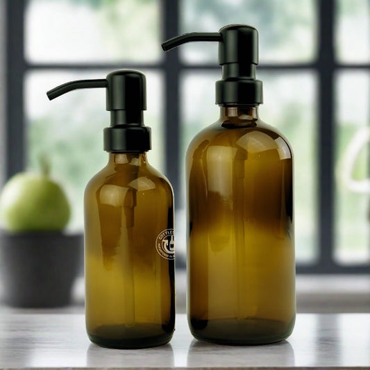 Amber Glass Bottle Soap Dispenser Set - Pump Style S6 - Matte Black