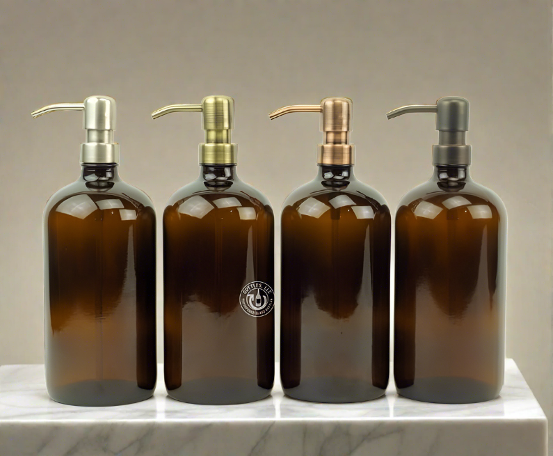 Round Amber Glass Bottle 32oz Soap Dispenser