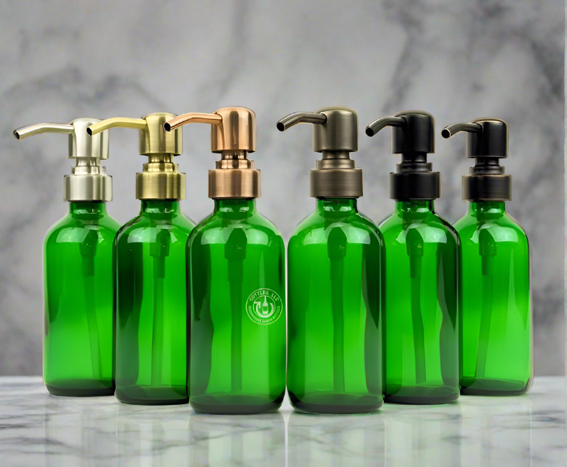 Green Glass Bottle 8oz Soap Dispenser - Pump Style 8