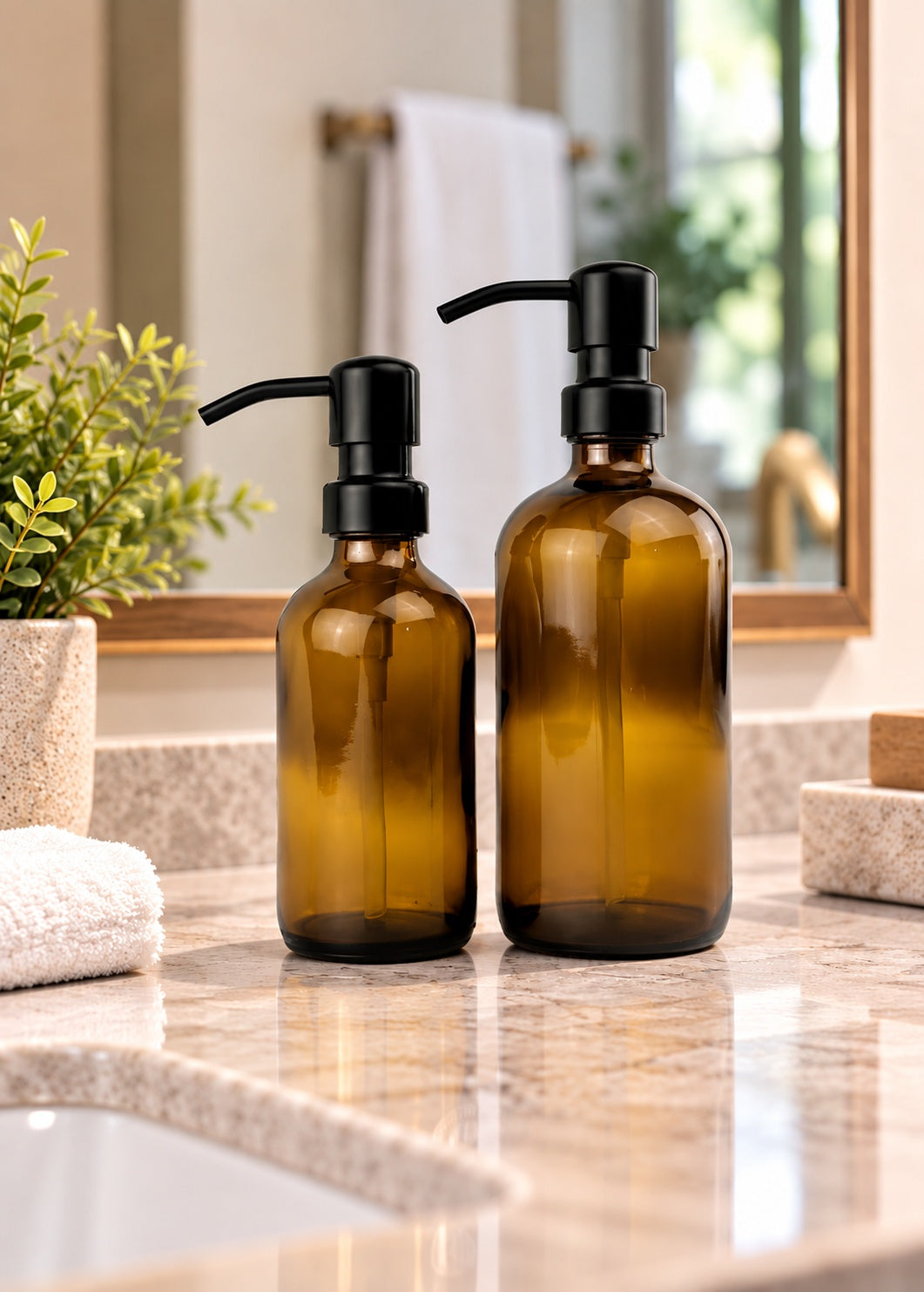 Amber Glass Bottle Soap Dispenser Set Matte Black KS6