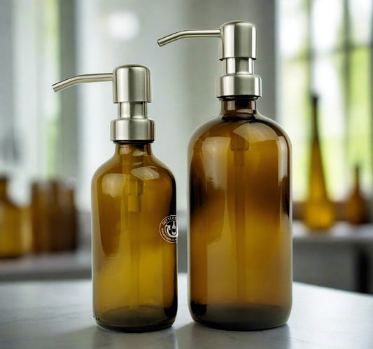 Amber Glass Bottle Soap Dispenser Set - Pump Style S6 - Brushed Nickel