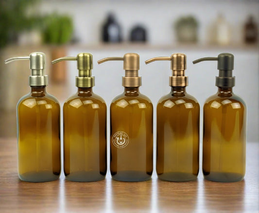 Round Amber Glass Bottle 16oz Soap Dispenser